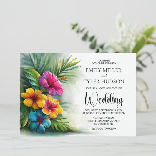 Tropical Hibiscus Wedding Kaart (Staand voorkant)