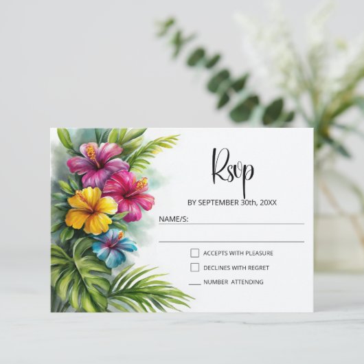 Tropical Hibiscus Wedding RSVP (Staand voorkant)