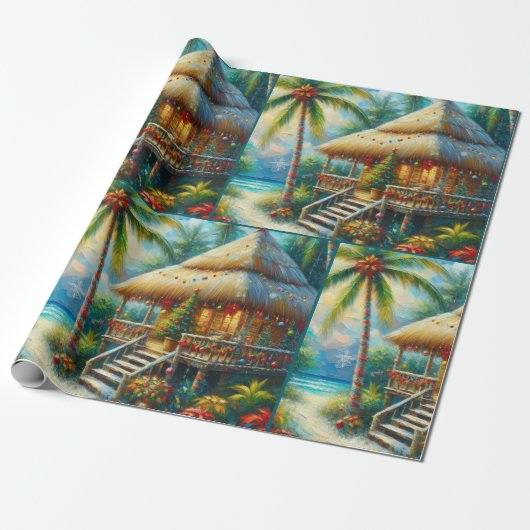 Tropical Hut Christmas Palm Tree Beach Decoupage Cadeaupapier (Uitgerold)