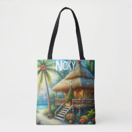 Tropical Hut Christmas Palm Tree Personalized Tote Bag