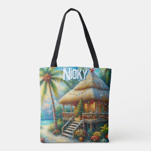 Tropical Hut Christmas Palm Tree Personalized Tote Bag (Achterkant)