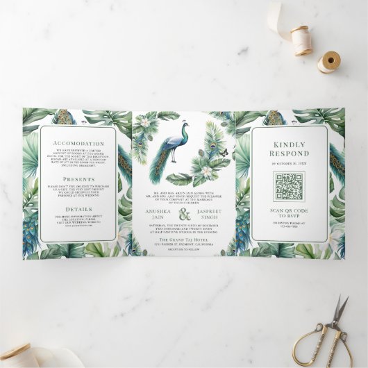 Tropical Indian Peacock Floral All in One Wedding Drieluik Uitnodiging (Binnen)