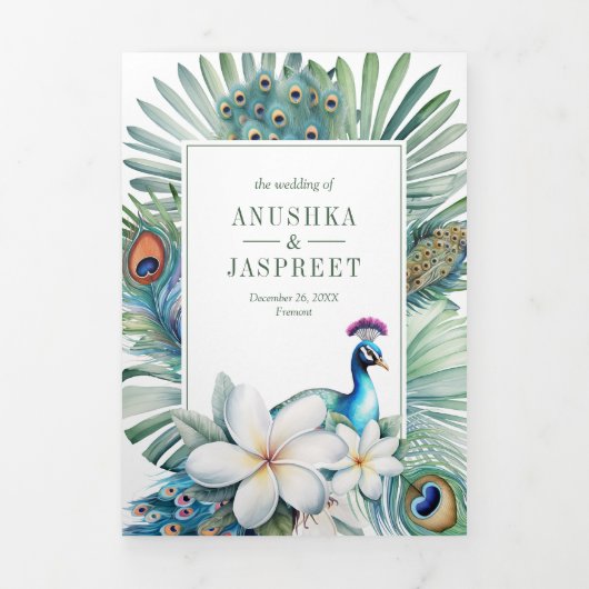 Tropical Indian Peacock Floral All in One Wedding Drieluik Uitnodiging (Cover)