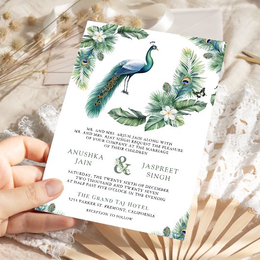 Tropical Indian Peacock Floral All in One Wedding Kaart