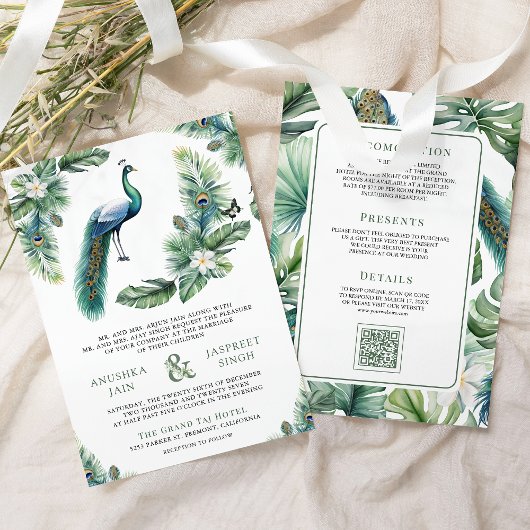 Tropical Indian Peacock Floral All in One Wedding Kaart