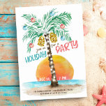 Tropical Island Beach Palm Tree Kerstmis Kaart<br><div class="desc">De uitnodiging van de kerstfeestdag voor het tropische strand bevat een eiland in de zon met een palmboom met een versiering van de snaarlichten en de ornamenten en een "feestelijke" titel in de penseelstijl. Art door KL Stock</div>