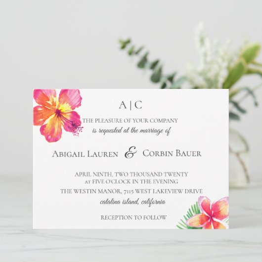 Tropical Island Floral bruiloft uitnodiging (Staand voorkant)