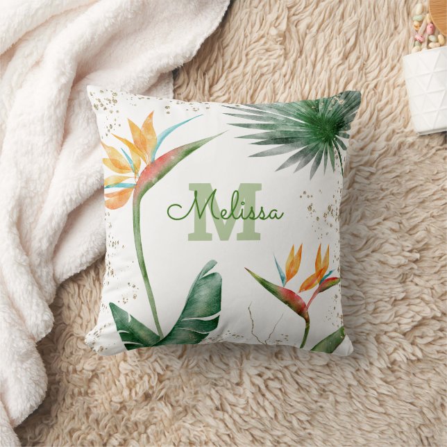 Tropical Island Floral Monogram Goud Wit Script Kussen (Deken)