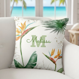 Tropical Island Floral Monogram Goud Wit Script Kussen