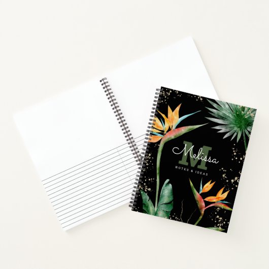 Tropical Island Floral Zwart Goud Monogram Script Notitieboek (Binnen)