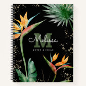 Tropical Island Floral Zwart Goud Monogram Script Notitieboek (Voorkant)