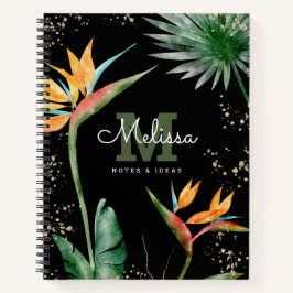 Tropical Island Floral Zwart Goud Monogram Script Notitieboek