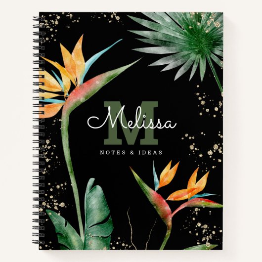 Tropical Island Floral Zwart Goud Monogram Script Notitieboek (Voorkant)