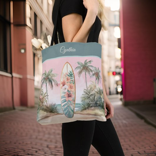 Tropical Island Flower Surfboard Palm Tree W Naam Tote Bag