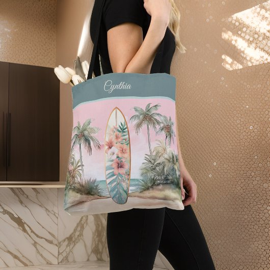 Tropical Island Flower Surfboard Palm Tree W Naam Tote Bag
