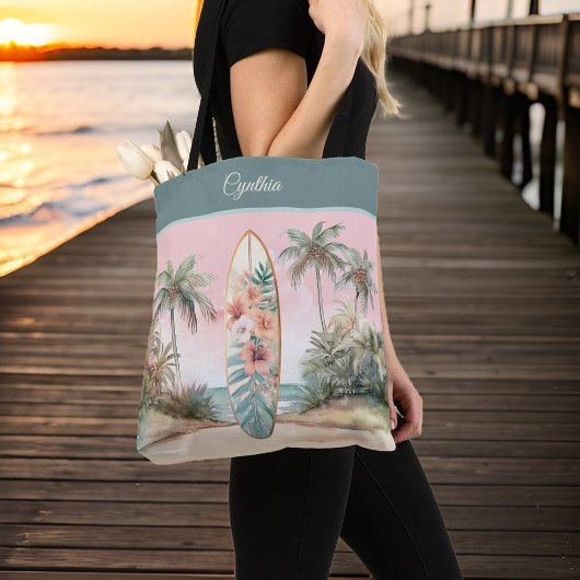 Tropical Island Flower Surfboard Palm Tree W Naam Tote Bag