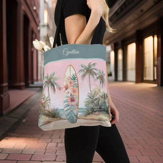 Tropical Island Flower Surfboard Palm Tree W Naam Tote Bag