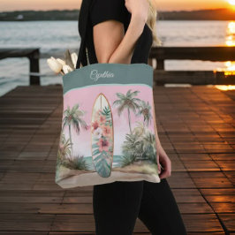Tropical Island Flower Surfboard Palm Tree W Naam Tote Bag