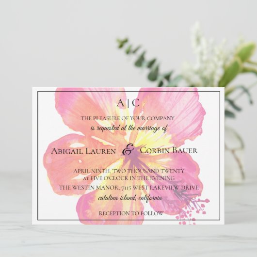 Tropical Island Hibiscus bruiloft uitnodiging (Staand voorkant)