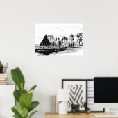 Tropical Island Huts Palm Trees Totem Poles Poster (Thuiskantoor)