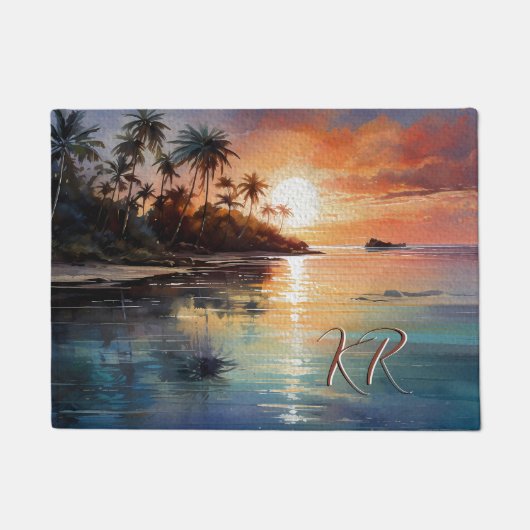 Tropical Island Ocean Beach Scène Initialen Deurmat (Voorkant)