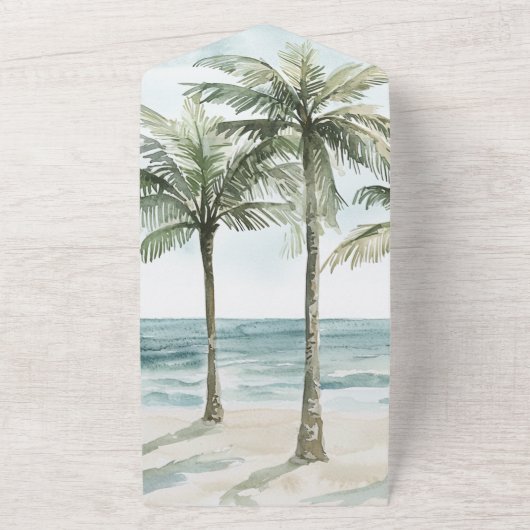 Tropical Island Palm Trees Ocean Beach Wedding All In One Uitnodiging (Buitenkant)