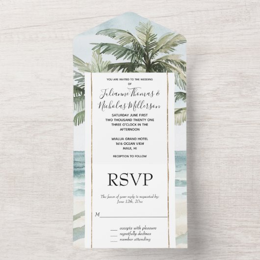 Tropical Island Palm Trees Ocean Beach Wedding All In One Uitnodiging (Binnen)