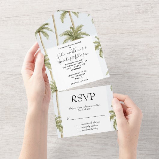 Tropical Island Palm Trees Wedding All In One Uitnodiging (Afscheurbaar)