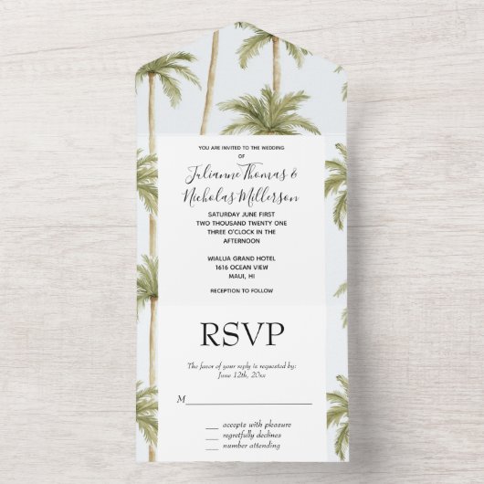Tropical Island Palm Trees Wedding All In One Uitnodiging (Binnen)