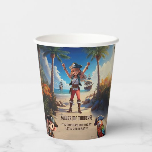 Tropical Island Pirate Girl Verjaardagsfeestje Papieren Bekers (Achterkant)