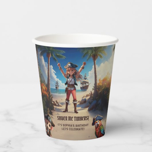 Tropical Island Pirate Girl Verjaardagsfeestje Papieren Bekers (Voorkant)