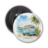 Tropical Island Retro Blue Bus Button Flesopener (Voorkant)