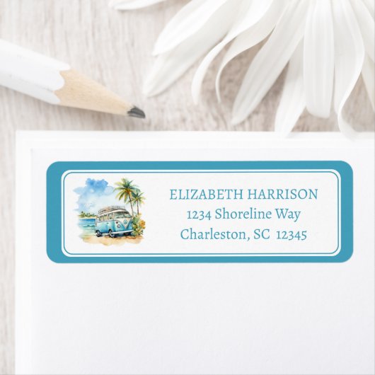 Tropical Island Retro Blue Bus  Etiket (Insitu)