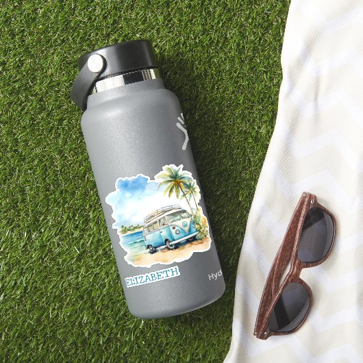 Tropical Island Retro Blue Bus Gepersonaliseerd Sticker (HydroFlask Insitu)