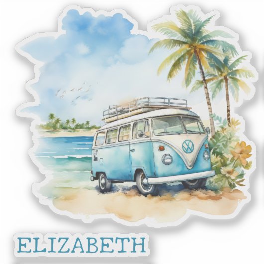 Tropical Island Retro Blue Bus Gepersonaliseerd Sticker (Voorkant)