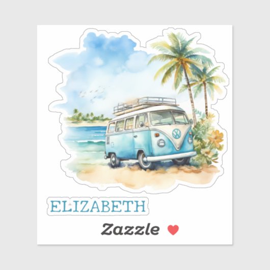 Tropical Island Retro Blue Bus Gepersonaliseerd Sticker (Vel)