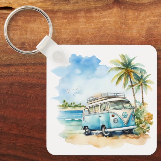 Tropical Island Retro Blue Bus Sleutelhanger (Voorkant)