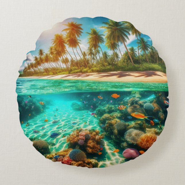 Tropical Island Underwater Beach Ocean Fish Rond Kussen (Voorkant)