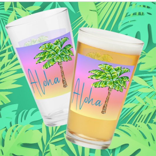 Tropical Island Zonsondergang Groene Palmboom Aloh Glas