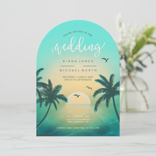 Tropical Isle Sunrise Huwelijk Blauwgroen L2 Boog  Kaart (Staand voorkant)