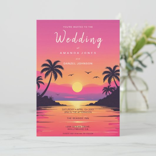 Tropical Isle Sunrise Waterverf bruiloft Kaart (Staand voorkant)