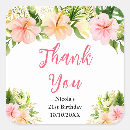 Tropical Jungle Floral Birthday Thank You Vierkante Sticker (Voorkant)