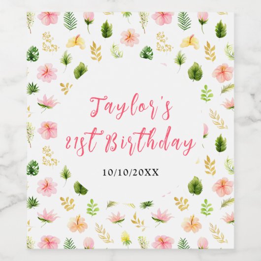 Tropical Jungle Floral Birthday Wijn Etiket (Enkel label)