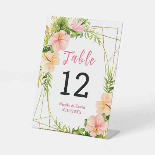 Tropical Jungle Floral Wedding Table Number Reclamebord Met Voetstuk (Voorkant)