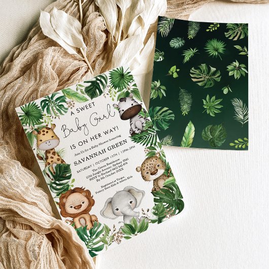 Tropical Jungle Safari Animals Girl Baby Shower Kaart