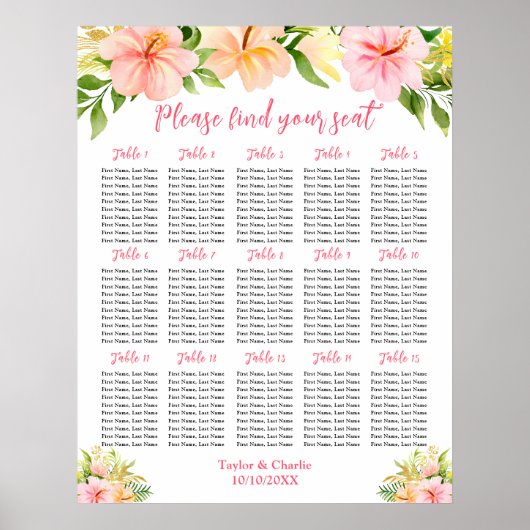 Tropical Jungle Wedding 15 Tables Seating Chart Poster (Voorkant)