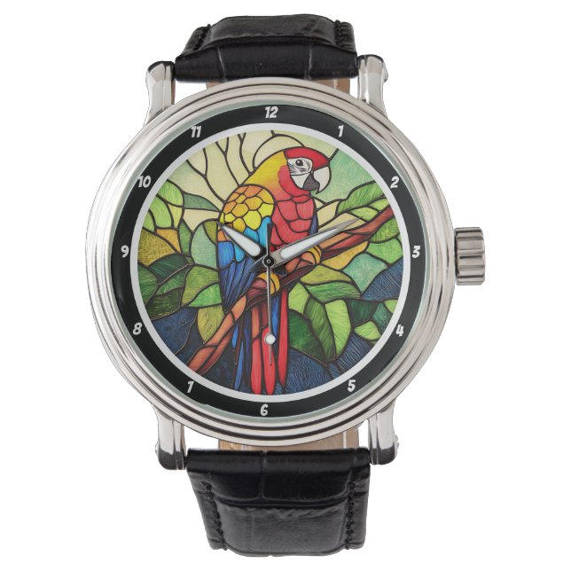 Tropical Kaleidoscope" - Stained Glass Parrot Horloge (Voorkant)