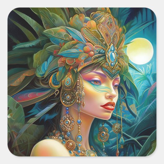 Tropical Lady Fantasy Kunst Vierkante Sticker (Voorkant)