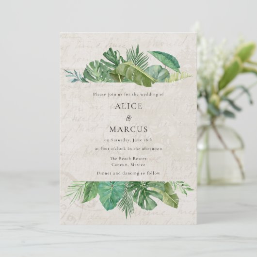 Tropical Leaf Aged Paper Beach Destination Wedding Kaart (Staand voorkant)