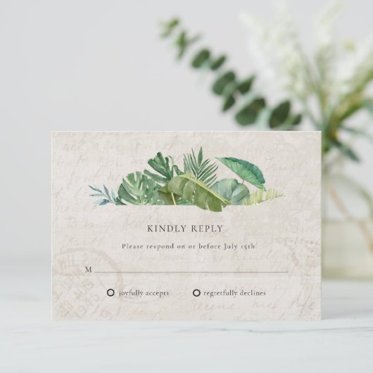Tropical Leaf Aged Paper Beach Destination Wedding RSVP Kaartje (Staand voorkant)